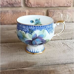 Rosina fine bone china, blue floral print w gold trim teacup